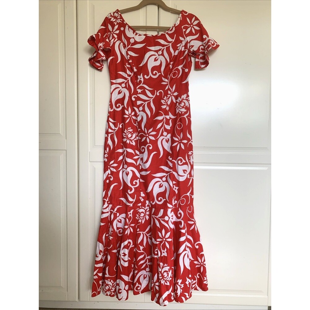 Vintage Kimo’s Polynesian Shop Maxi Dress Hawaiian Red Floral Flutter Size S